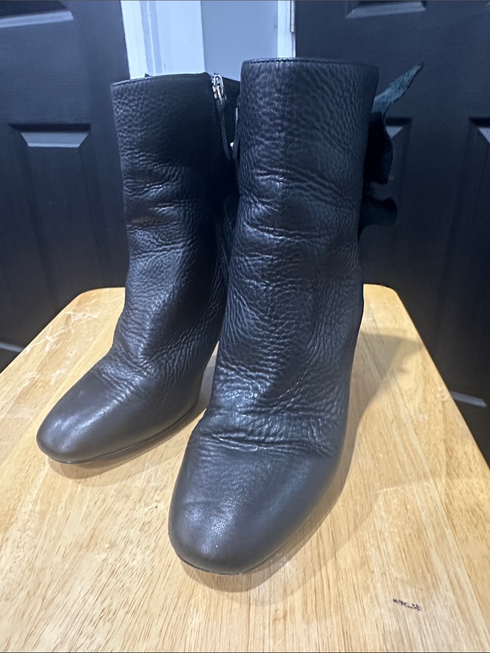 Women's Black Leather Ankle Boots with Decorative Bow